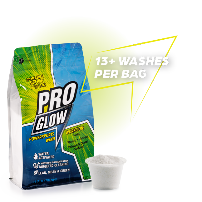 ProGlow Powersports vehicle wash product image, with icon and white type