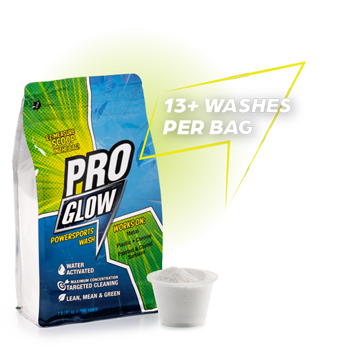 ProGlow powersports wash soap for atv, utv, jeep, truck, and exterior house cleaning